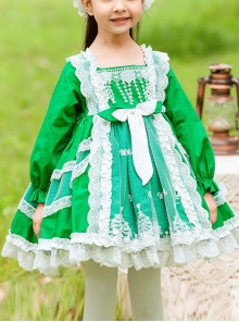 Green Fresh Spring Autumn Flower Lace Square Neck Classic Lolita Kids Long-Sleeved Dress