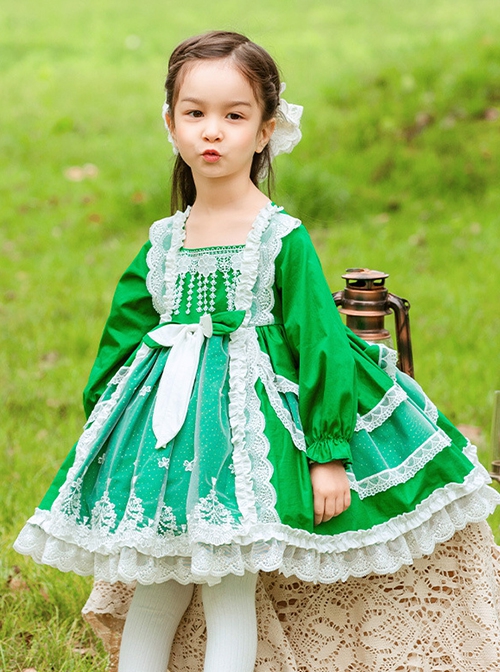 Green Fresh Spring Autumn Flower Lace Square Neck Classic Lolita Kids Long-Sleeved Dress