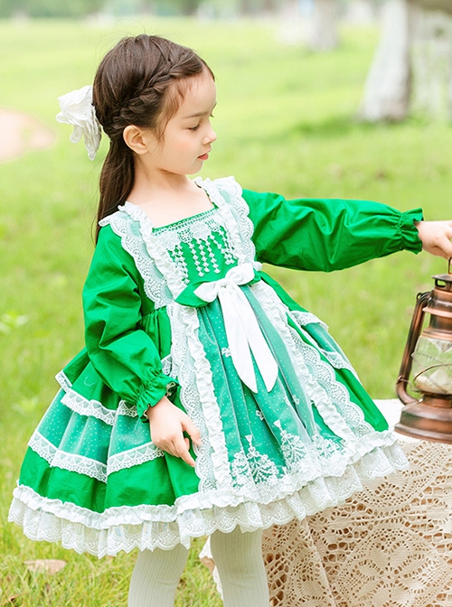 Green Fresh Spring Autumn Flower Lace Square Neck Classic Lolita Kids Long-Sleeved Dress