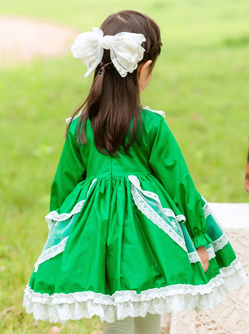 Green Fresh Spring Autumn Flower Lace Square Neck Classic Lolita Kids Long-Sleeved Dress