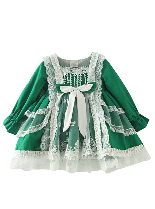 Green Fresh Spring Autumn Flower Lace Square Neck Classic Lolita Kids Long-Sleeved Dress