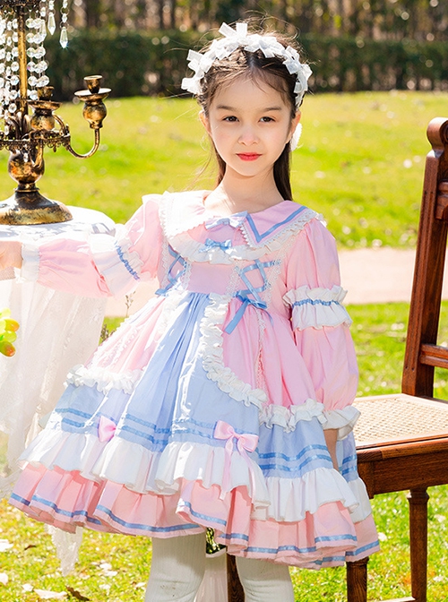 Blue-Pink Stitching Bowknot Lapel Cute Princess Dress Summer Sweet Lolita Kids Long-Sleeved Dress