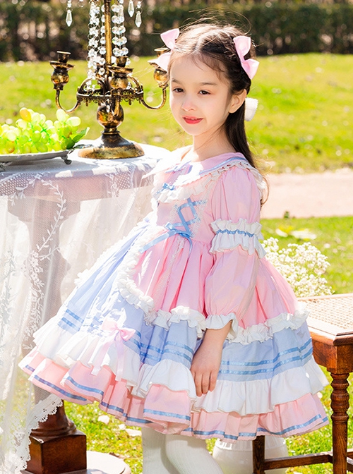 Blue-Pink Stitching Bowknot Lapel Cute Princess Dress Summer Sweet Lolita Kids Long-Sleeved Dress
