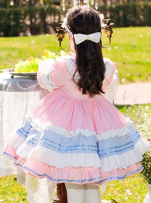 Blue-Pink Stitching Bowknot Lapel Cute Princess Dress Summer Sweet Lolita Kids Long-Sleeved Dress