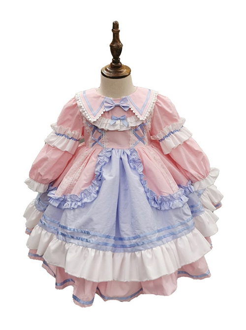 Blue-Pink Stitching Bowknot Lapel Cute Princess Dress Summer Sweet Lolita Kids Long-Sleeved Dress