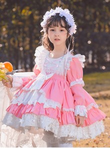 Pink White Sweet Round Neck Puff Sleeve Lace Bow-Knot Decoration Star Pendant Hem Design Sweet Lolita Kids Long Sleeve Dress