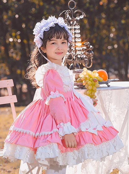 Pink White Sweet Round Neck Puff Sleeve Lace Bow-Knot Decoration Star Pendant Hem Design Sweet Lolita Kids Long Sleeve Dress