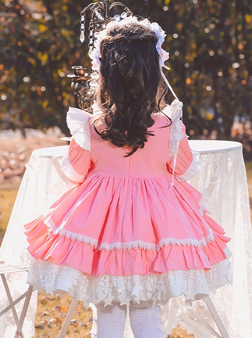 Pink White Sweet Round Neck Puff Sleeve Lace Bow-Knot Decoration Star Pendant Hem Design Sweet Lolita Kids Long Sleeve Dress