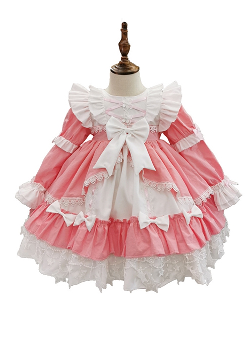 Pink White Sweet Round Neck Puff Sleeve Lace Bow-Knot Decoration Star Pendant Hem Design Sweet Lolita Kids Long Sleeve Dress