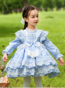 Blue Round Neck Love Polka Dot Lace Decoration Elegant Love Bow-Knot Decoration Design Sweet Lolita Kids Long Sleeve Dress