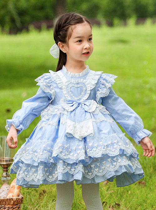 Blue Round Neck Love Polka Dot Lace Decoration Elegant Love Bow-Knot Decoration Design Sweet Lolita Kids Long Sleeve Dress