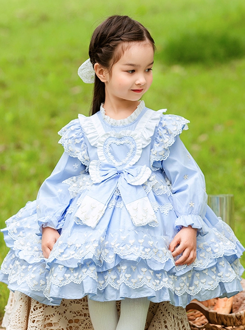 Blue Round Neck Love Polka Dot Lace Decoration Elegant Love Bow-Knot Decoration Design Sweet Lolita Kids Long Sleeve Dress