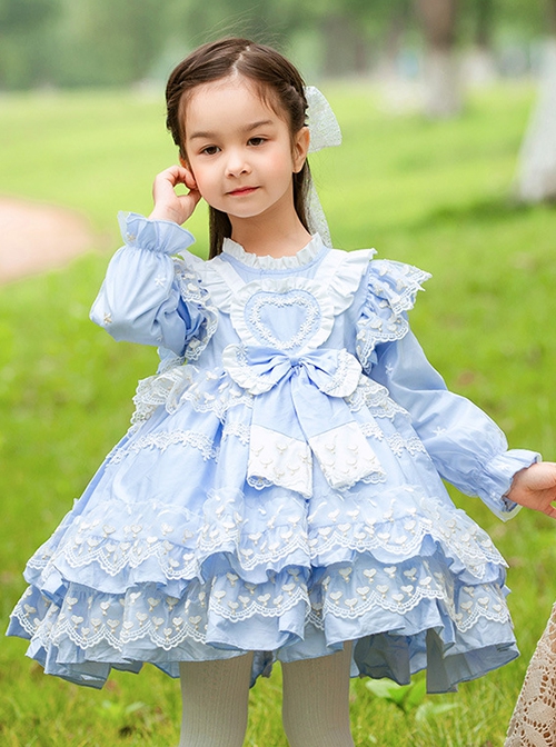 Blue Round Neck Love Polka Dot Lace Decoration Elegant Love Bow-Knot Decoration Design Sweet Lolita Kids Long Sleeve Dress