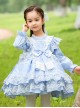 Blue Round Neck Love Polka Dot Lace Decoration Elegant Love Bow-Knot Decoration Design Sweet Lolita Kids Long Sleeve Dress