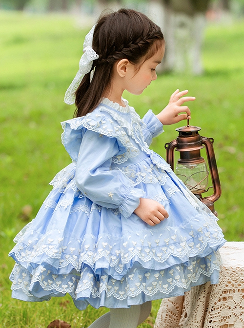 Blue Round Neck Love Polka Dot Lace Decoration Elegant Love Bow-Knot Decoration Design Sweet Lolita Kids Long Sleeve Dress