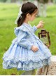 Blue Round Neck Love Polka Dot Lace Decoration Elegant Love Bow-Knot Decoration Design Sweet Lolita Kids Long Sleeve Dress