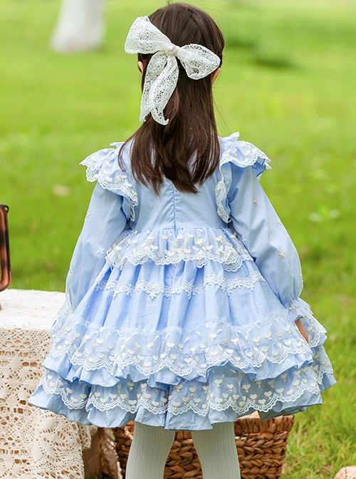 Blue Round Neck Love Polka Dot Lace Decoration Elegant Love Bow-Knot Decoration Design Sweet Lolita Kids Long Sleeve Dress