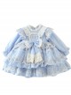 Blue Round Neck Love Polka Dot Lace Decoration Elegant Love Bow-Knot Decoration Design Sweet Lolita Kids Long Sleeve Dress