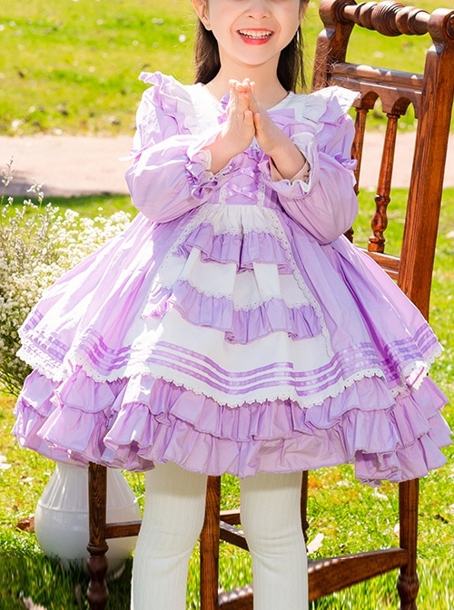 Purple Bow Knot Round Neck Stitching Lantern Sleeve Ruffle Hem Sweet Lolita Kids Long Sleeve Dress