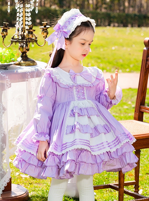 Purple Bow Knot Round Neck Stitching Lantern Sleeve Ruffle Hem Sweet Lolita Kids Long Sleeve Dress