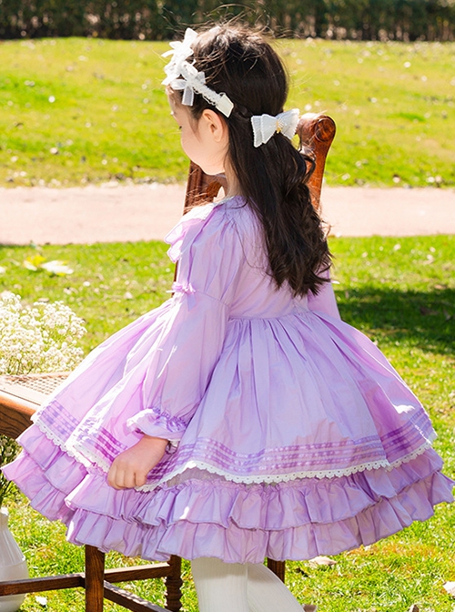 Purple Bow Knot Round Neck Stitching Lantern Sleeve Ruffle Hem Sweet Lolita Kids Long Sleeve Dress