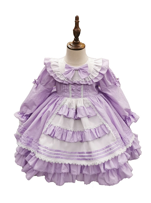 Purple Bow Knot Round Neck Stitching Lantern Sleeve Ruffle Hem Sweet Lolita Kids Long Sleeve Dress