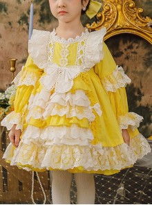 White Lace Stitching Lantern Sleeve Cute Yellow Princess Dress Spring Autumn Classic Lolita Kids Long-Sleeved Dress