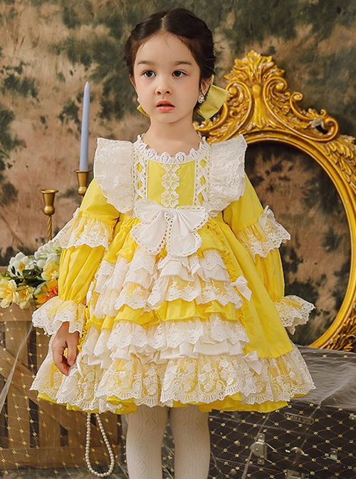 White Lace Stitching Lantern Sleeve Cute Yellow Princess Dress Spring Autumn Classic Lolita Kids Long-Sleeved Dress