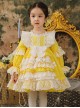 White Lace Stitching Lantern Sleeve Cute Yellow Princess Dress Spring Autumn Classic Lolita Kids Long-Sleeved Dress