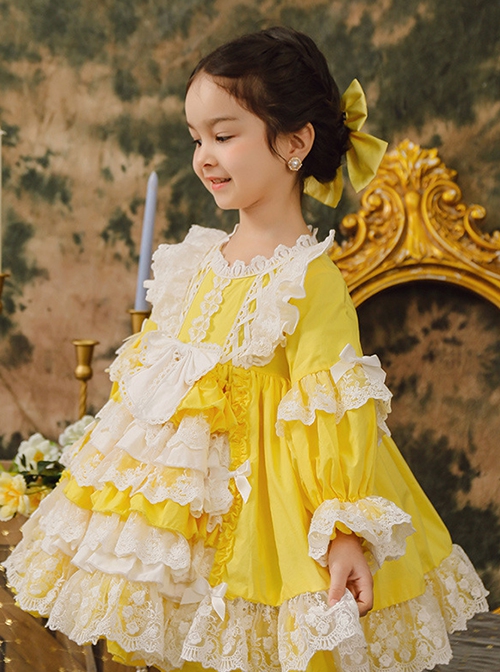 White Lace Stitching Lantern Sleeve Cute Yellow Princess Dress Spring Autumn Classic Lolita Kids Long-Sleeved Dress