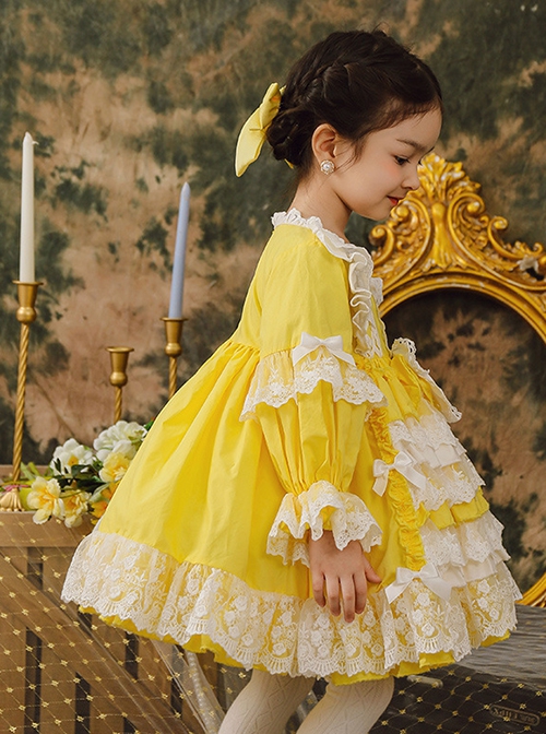 White Lace Stitching Lantern Sleeve Cute Yellow Princess Dress Spring Autumn Classic Lolita Kids Long-Sleeved Dress