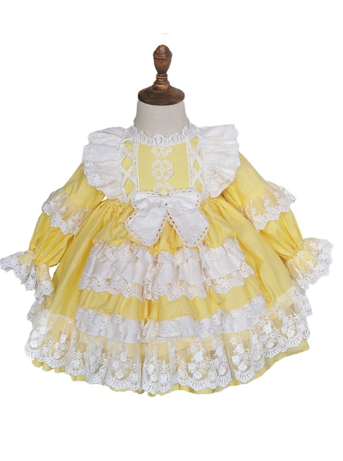 White Lace Stitching Lantern Sleeve Cute Yellow Princess Dress Spring Autumn Classic Lolita Kids Long-Sleeved Dress