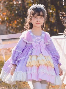 Colorful Multi-Layer Hem Design Lace Decoration Stitching Lantern Sleeves Sweet Lolita Kids Long-Sleeved Dress