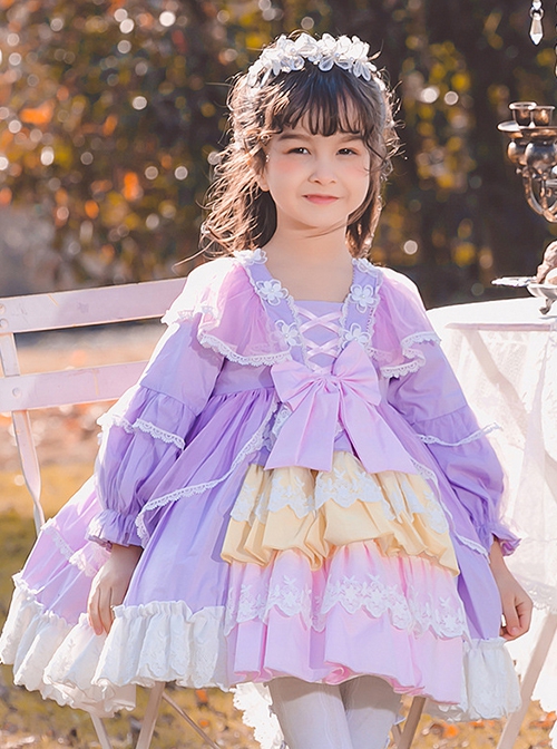 Colorful Multi-Layer Hem Design Lace Decoration Stitching Lantern Sleeves Sweet Lolita Kids Long-Sleeved Dress