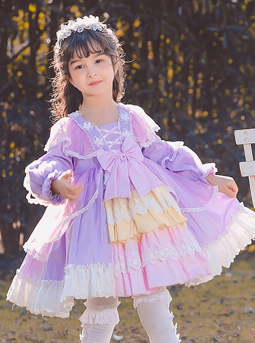 Colorful Multi-Layer Hem Design Lace Decoration Stitching Lantern Sleeves Sweet Lolita Kids Long-Sleeved Dress