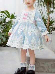 Cute Autumn Crochet Embroidery Lace Bow-Knot Decorated Lantern Sleeves Sweet Lolita Kids Long Sleeve Dress