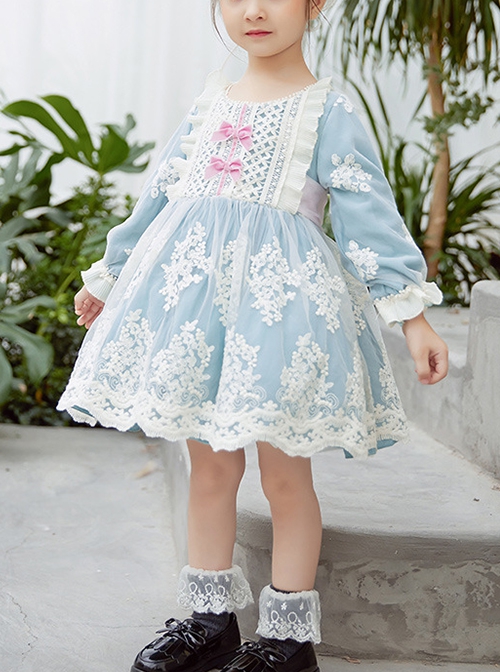 Cute Autumn Crochet Embroidery Lace Bow-Knot Decorated Lantern Sleeves Sweet Lolita Kids Long Sleeve Dress