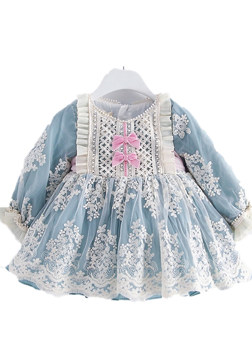 Cute Autumn Crochet Embroidery Lace Bow-Knot Decorated Lantern Sleeves Sweet Lolita Kids Long Sleeve Dress