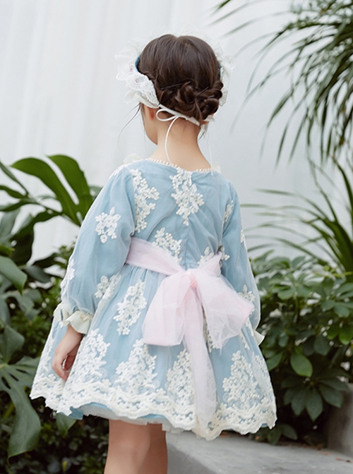 Cute Autumn Crochet Embroidery Lace Bow-Knot Decorated Lantern Sleeves Sweet Lolita Kids Long Sleeve Dress