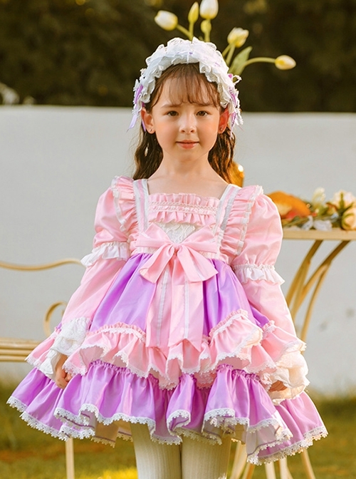 Pink Purple Color-Block Puff Sleeve Princess Dress With Lace Bow-Knot Decoration Sweet Lolita Kids Long-Sleeved Dress