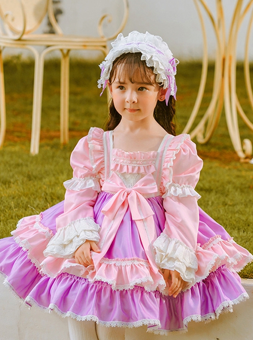 Pink Purple Color-Block Puff Sleeve Princess Dress With Lace Bow-Knot Decoration Sweet Lolita Kids Long-Sleeved Dress