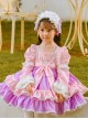 Pink Purple Color-Block Puff Sleeve Princess Dress With Lace Bow-Knot Decoration Sweet Lolita Kids Long-Sleeved Dress