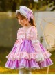 Pink Purple Color-Block Puff Sleeve Princess Dress With Lace Bow-Knot Decoration Sweet Lolita Kids Long-Sleeved Dress