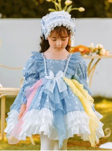 Blue Cute Puff Sleeve Snowflake Print Multicolor Irregular Hem Design Classic Lolita Kids Long Sleeve Dress