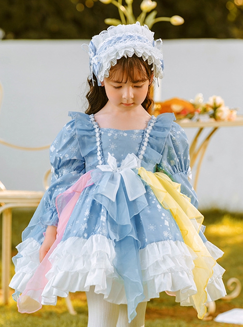 Blue Cute Puff Sleeve Snowflake Print Multicolor Irregular Hem Design Classic Lolita Kids Long Sleeve Dress