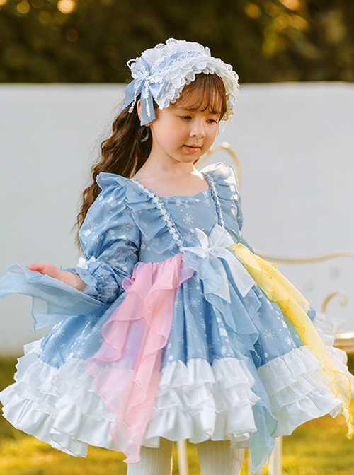 Blue Cute Puff Sleeve Snowflake Print Multicolor Irregular Hem Design Classic Lolita Kids Long Sleeve Dress