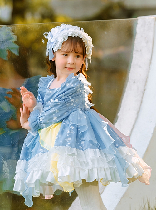 Blue Cute Puff Sleeve Snowflake Print Multicolor Irregular Hem Design Classic Lolita Kids Long Sleeve Dress