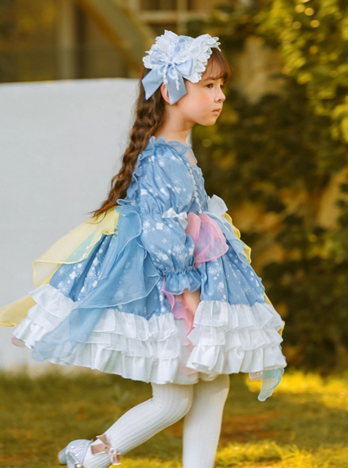 Blue Cute Puff Sleeve Snowflake Print Multicolor Irregular Hem Design Classic Lolita Kids Long Sleeve Dress