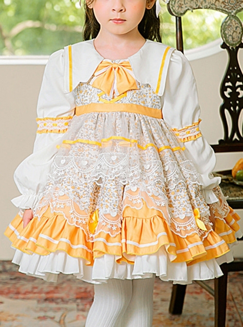 Yellow White Lapel Stitching Floral Lace Lantern Sleeve Princess Dress Autumn Classic Lolita Kids Long-Sleeved Dress