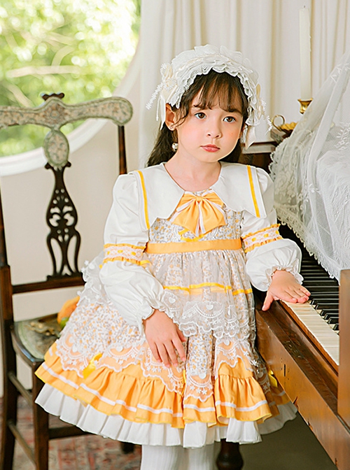 Yellow White Lapel Stitching Floral Lace Lantern Sleeve Princess Dress Autumn Classic Lolita Kids Long-Sleeved Dress